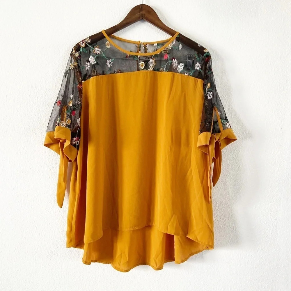 Mustard Yellow Folk Embroidered Eclectic Mesh Panel Top 3XL Boho Chic Plus